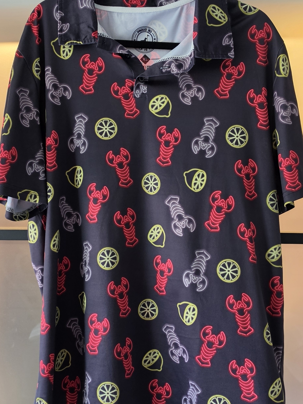 Men's Black Polo Shirt with Red Lobster & Yellow Citrus Print